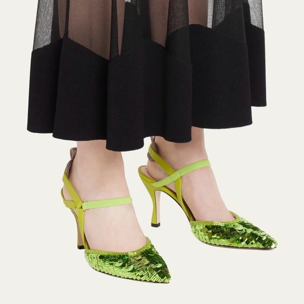 ✨ Authentic FENDI Green Sequin High-Heeled Slingbacks – Statement Glam ✨